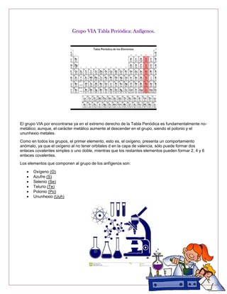 Grupo VIA Tabla Periódica: Anfígenos.
El grupo VIA por encontrarse ya en el extremo derecho de la Tabla Periódica es fundamentalmente no-
metálico; aunque, el carácter metálico aumente al descender en el grupo, siendo el polonio y el
ununhexio metales.
Como en todos los grupos, el primer elemento, esto es, el oxígeno, presenta un comportamiento
anómalo, ya que el oxígeno al no tener orbitales d en la capa de valencia, sólo puede formar dos
enlaces covalentes simples o uno doble, mientras que los restantes elementos pueden formar 2, 4 y 6
enlaces covalentes.
Los elementos que componen al grupo de los anfígenos son:
 Oxígeno (O)
 Azufre (S)
 Selenio (Se)
 Telurio (Te)
 Polonio (Po)
 Ununhexio (Uuh)
 