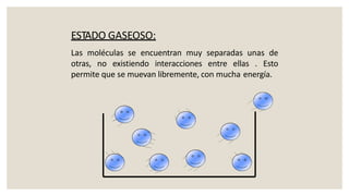 ESTADO GASEOSO:
Las moléculas se encuentran muy separadas unas de
otras, no existiendo interacciones entre ellas . Esto
permite que se muevan libremente, con mucha energía.
 