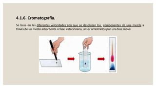 4.1.6. Cromatografía.
Se basa en las diferentes velocidades con que se desplazan los componentes de una mezcla a
través de un medio adsorbente o fase estacionaria, al ser arrastrados por una fase móvil.
 