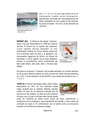 son -1, 1, 3, 5 y 7 su uso mas común es en un
c o m p u e s t o u s a d o c o m o d e t e rg e n t e ,
decolorante, eliminado de microorganismos por
estas cualidades es muy usado en las piscinas,
su punto de fusión -101,5ºC y el de ebullición es
-34,04ºC.



BROMO (Br): O Bromum del griego “bromos”,
hedor, mal olor. Descubierto en 1826 por Antonie
Jerome. El bromo es un liquido rojo palidusco
cuyos vapores tóxicos despiden un olor
fuertemente irritante en forma natural puede ser
muy incomodo para los ojos y la garganta. Los
compuestos orgánicos de bromo se utilizan en
extintores o como agente inicuo para plásticos,
incluso lo encontramos como componente de
lápiz para labios, laca para uñas y tinturas para
tejidos. 

Se ubica en el grupo 17 periodo 4 de la tabla periódica, su numero atómico
es 35 su pero atómico relativo es 79,9 el punto de fusión de este elemento
es -7,2ºC y el de ebullición es de 58,78ºC y sus niveles de oxidación son -1,
1, 3, 5, 7.



YODO (I): O Iodium del griego iodes, color violeta.
Descubierto en 1811, es una sustancia solida
negro azulada que al calentar despide vapores
violeta. El yodo es un elemento esencial que se
acumula en las tiroides. La falta de yodo conduce
al bocio, por lo cual a muchas sales se les añade
yodo. En medicina se utiliza como tintura de yodo, yodoroformo y
yodoformo como antiséptico para desinfectar las heridas y como medio de
contraste en rayos X. En combinación con el carbon activo se encuentra
también en los ﬁltros de mascaras antigás.

Página 26 MEEM
Cloro se encuentra en el
agua del mar
Bromo y su
caracterestico color
Yodo suele ser añadido
a sales
 