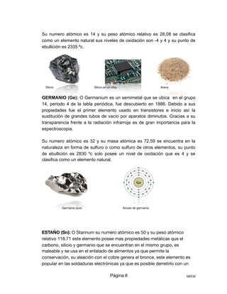 Su numero atómico es 14 y su peso atómico relativo es 28,08 se clasifica
como un elemento natural sus niveles de oxidación son -4 y 4 y su punto de
ebullición es 2335 ºc.
GERMANIO (Ge): O Germanium es un semimetal que se ubica en el grupo
14, periodo 4 de la tabla periódica, fue descubierto en 1886. Debido a sus
propiedades fue el primer elemento usado en transistores e inicio así la
sustitución de grandes tubos de vacío por aparatos diminutos. Gracias a su
transparencia frente a la radiación infrarroja es de gran importancia para la
espectroscopia.
Su numero atómico es 32 y su masa atómica es 72,59 se encuentra en la
naturaleza en forma de sulfuro o como sulfuro de otros elementos, su punto
de ebullición es 2830 ºc solo posee un nivel de oxidación que es 4 y se
clasifica como un elemento natural.


ESTAÑO (Sn): O Stannum su numero atómico es 50 y su peso atómico
relativo 118,71 este elemento posee mas propiedades metálicas que el
carbono, silicio y germanio que se encuentran en el mismo grupo, es
maleable y se usa en el enlatado de alimentos ya que permite la
conservación, su aleación con el cobre genera el bronce, este elemento es
popular en las soldaduras electrónicas ya que es posible derretirlo con un
Página 8 MEEM
Silicio Silicio en un chip Arena
Germanio puro Anodo de germanio
 