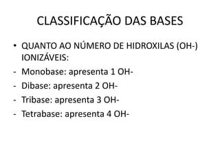 CLASSIFICAÇÃO DAS BASES
• QUANTO AO NÚMERO DE HIDROXILAS (OH-)
IONIZÁVEIS:
- Monobase: apresenta 1 OH-
- Dibase: apresenta 2 OH-
- Tribase: apresenta 3 OH-
- Tetrabase: apresenta 4 OH-
 