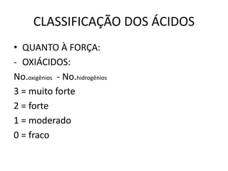 CLASSIFICAÇÃO DOS ÁCIDOS
• QUANTO À FORÇA:
- OXIÁCIDOS:
No.oxigênios - No.hidrogênios
3 = muito forte
2 = forte
1 = moderado
0 = fraco
 