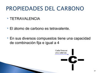  TETRAVALENCIA
 El átomo de carbono es tetravalente.
 En sus diversos compuestos tiene una capacidad
de combinación fija e igual a 4
67
 