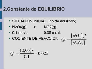 2.Constante de EQUILIBRIO SITUACIÓN INICIAL  (no de equilibrio)‏ N2O4(g)  +  NO2(g)‏ 0,1 mol/L  0,05 mol/L COCIENTE DE REACCIÓN 