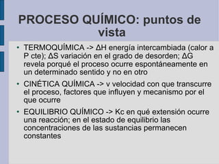 PROCESO QUÍMICO: puntos de vista TERMOQUÍMICA ->  ∆ H energía intercambiada (calor a P cte);  ∆ S variación en el grado de desorden;  ∆ G revela porqué el proceso ocurre espontáneamente en un determinado sentido y no en otro CINÉTICA QUÍMICA -> v velocidad con que transcurre el proceso, factores que influyen y mecanismo por el que ocurre EQUILIBRIO QUÍMICO -> Kc en qué extensión ocurre una reacción; en el estado de equilibrio las concentraciones de las sustancias permanecen constantes 