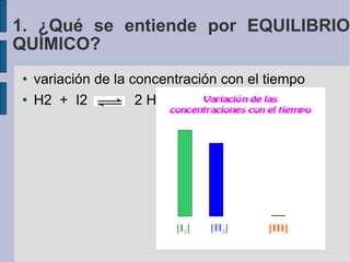 variación de la concentración con el tiempo H2  +  I2  2 HI 1. ¿Qué se entiende por EQUILIBRIO QUÍMICO? 