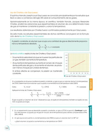 Prohibida
su
reproducción
120
Ley de Charles y de Gay-Lussac
El químico francés Joseph-Louis Gay-Lussac es conocido principalmente por los estudios que
llevó a cabo a comienzos del siglo XIX sobre el comportamiento de los gases.
Aproximadamente en la misma época, el científico, también francés, Jacques Alexandre
Charles, analizó las variaciones que experimentaba el volumen de una determinada masa
de gas al mantener constante la presión y variar la temperatura.
Los resultados obtenidos por Charles fueron confirmados posteriormente por Gay-Lussac.
De este modo, los estudios experimentales de dichos científicos concluyeron en la formula-
ción de la ley de Charles y Gay-Lussac:
La teoría cinética explica la ley de Charles y Gay-Lussac:
•	 Si aumenta la velocidad a la que se mueven las partículas de
un gas, también aumenta la temperatura.
•	 Al aumentar la temperatura aumenta el número de choques
de las partículas del gas y, al aumentar el volumen, se produ-
cen menos choques por unidad de tiempo.
	 Si ambos efectos se compensan, la presión se mantendrá
constante.
En un recipiente, en el que se mantiene la presión constante, un gas ocupa un volumen de6m3
a la temperatura
de 270 K. Determinemos el volumen que ocuparía si aumentáramos la temperatura hasta 540 K.
Datos: 		 V1
= 6 m3
		 T1
= 270 K		 T2
= 540 K		 P = constante
Apliquemos la ley de Charles y Gay-Lussac:
El gas ocupará un volumen de 12 m3
. Observemos que, al duplicar la temperatura, también se duplica el volu-
men ocupado por el gas.
Ejemplo
4
V1 V1
×T2
6m3
x 540 K
T1
T1
270 K
V2
T2
= = = 12m3
V2
=
⇒
Actividades
3.	 En un experimento que se desarrolla a presión constante, un gas a 275 K ocupa 6 L. Construye la grá-
fica del volumen ocupado por el gas en función de la temperatura para valores comprendidos entre
200 y 400 K.
4.	 Un gas que se encuentra a una temperatura de 298 K ocupa un volumen de 5 × 10-3
m3
.
—¿Qué volumen ocupará si aumentamos su temperatura en 50 K?
A presión constante, el volumen que ocupa una cantidad de gas es directamente proporcio-
nal a su temperatura absoluta.
V1
T1
V2
T2
= =...= constante
v (L)
3,30
3,20
3,10
3,00
2,90
275 280 285 290 295 300 T(K)
	 Ley de Charles y Gay-Lussac
 