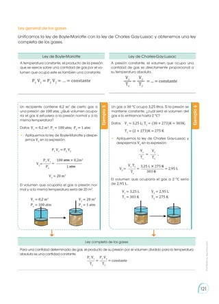 Prohibida
su
reproducción
121
Ley general de los gases
Unificamos la ley de Boyle-Mariotte con la ley de Charles Gay-Lussac y obtenemos una ley
completa de los gases.
Ley de Boyle-Mariotte
A temperatura constante, el producto de la presión
que se ejerce sobre una cantidad de gas por el vo-
lumen que ocupa este es también una constante.
P1
V1
= P2
V2
= … = constante
Ley completa de los gases
Para una cantidad determinada de gas, el producto de su presión por el volumen dividido para la temperatura
absoluta es una cantidad constante.
Ley de Charles-Gay-Lussac
A presión constante, el volumen que ocupa una
cantidad de gas es directamente proporcional a
su temperatura absoluta.
V1
T1
V2
T2
= = ... = constante
= = constante
P1
V1
P2
V2
T1
T2
Ejemplo
6
Un gas a 30 °C ocupa 3,25 litros. Si la presión se
mantiene constante, ¿cuál será el volumen del
gas si lo enfriamos hasta 2 °C?
Datos:	 V1
= 3,25 L; T1
= (30 + 273)K = 303K;
	T2
= (2 + 273)K = 275 K
•	 Apliquemos la ley de Charles Gay-Lussac y
despejemos V2
en la expresión:
El volumen que ocuparía el gas a 2 °C sería
de 2,95 L.
V1
= 3,25 L V2
= 2,95 L
T1
= 303 K T2
= 275 K
V1
T1
V2
T2
= ,
V2
= = = 2,95 L
V1
T2 3,25 L × 275 K
T1
303 K
Ejemplo
5
Un recipiente contiene 0,2 m3
de cierto gas a
una presión de 100 atm. ¿Qué volumen ocupa-
ría el gas si estuviera a la presión normal y a la
misma temperatura?
Datos: V1
= 0,2 m3
; P1
= 100 atm; P2
= 1 atm
•	 Apliquemos la ley de Boyle-Mariotte y despe-
jemos V2
en la expresión:
El volumen que ocuparía el gas a presión nor-
mal y a la misma temperatura sería de 20 m3
.
V2
= 20 m3
V1
= 0,2 m3
V2
= 20 m3
P1
= 100 atm P2
= 1 atm
P1
V1
= P2
V2
V2
=
P1
V1
100 atm × 0,2m3
P2
1 atm
=
 