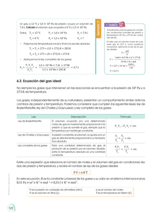 Prohibida
su
reproducción
122
Un gas, a 12 °C y 1,0 × 105
Pa de presión, ocupa un volumen de
7,4 L. Calcula el volumen que ocuparía a 0 °C y 1,5 × 105
Pa.
Datos:	T1
= 12 °C 	 P1
= 1,0 × 105
Pa		 V1
= 7,4 L
	T2
= 0 °C 	 P2
= 1,5 × 105
Pa		 V2
= ?
•	 Pasemos las temperaturas inicial y final a la escala absoluta.
	 T1
= T1
+ 273 = (12 + 273) K = 285 K
	 T2
= T2
+ 273 = (0 + 273) K = 273 K
•	 Apliquemos la ley completa de los gases.
Ejemplo
7
V2
= = = 4,7 L
P1
V1
T2 1,0 × 105
Pa × 7,4L × 273K
1,5 × 105
Pa × 285 K
P2
T1
V = 2,27 × 10-2
m3
×
V = 22,7 L
V=
nRT
P
1000 L
1 m3
V =
1 mol × 8,31 Pa × m3
× 273 K
105
Pa × K × mol
y también:
E
N
G
R
UPO
Y
T
A
M
B
IÉN
T
I
C
S
R
E
C
O
R
T
A
BLES
C
A
L
C
U
L
A
DORA
Actualmente, para los gases se conside-
ran condiciones normales de presión y
temperatura 105
Pa y 273 K (en unida-
des del SI).
En este caso, el volumen molar de cual-
quier gas es 22,7 L, como podemos
comprobar aplicando la ley de los ga-
ses ideales:
4.3. Ecuación del gas ideal
No siempre los gases que intervienen en las reacciones se encuentran a la presión de 105
Pa y a
273 K de temperatura.
Ley Descripción Fórmula
Ley de Boyle-Mariotte El volumen ocupado por una determinada
masa de gas es inversamente proporcional a la
presión a que se somete el gas, siempre que la
temperatura se mantenga constante.
P1
V1
= P2
V2
= cte.
Ley de Charles y Gay-Lussac A presión constante, el volumen ocupado por un
gas es directamente proporcional a su tempera-
tura absoluta.
Ley completa de los gases Para una cantidad determinada de gas, el
producto de su presión por el volumen dividido
entre la temperatura absoluta es una cantidad
constante.
= = cte.
P1
V1
P2
V2
T1
T2
= = cte.
V1
V2
T1
T2
Existe una expresión que relaciona el número de moles y el volumen del gas en condiciones da-
das de presión y temperatura, y recibe el nombre de ley de los gases ideales:
P V = n R T
En esta ecuación, R es la constante universal de los gases y su valor en el sistema internacional es
8,31 Pa × m3
× K-1
× mol -1
= 8,31 J × K-1
× mol-1
.
P es la presión en unidades de atmósfera (atm).
V es el volumen en litros (L).
n es el número de moles.
T es la temperatura en Kelvin (K)..
Los gases, independientemente de su naturaleza, presentan un comportamiento similar ante los
cambios de presión y temperatura. Podemos considerar que cumplen las siguientes leyes: ley de
Boyle-Mariotte, ley de Charles y Gay-Lussac y ley completa de los gases.
 