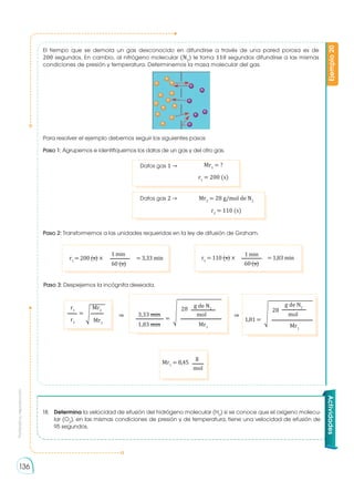 Prohibida
su
reproducción
136
El tiempo que se demora un gas desconocido en difundirse a través de una pared porosa es de
200 segundos. En cambio, al nitrógeno molecular (N2
) le toma 110 segundos difundirse a las mismas
condiciones de presión y temperatura. Determinemos la masa molecular del gas.
Para resolver el ejemplo debemos seguir los siguientes pasos:
Paso 1: Agrupemos e identifiquemos los datos de un gas y del otro gas.
Ejemplo
20
Actividades
18.	 Determina la velocidad de efusión del hidrógeno molecular (H2
) si se conoce que el oxígeno molecu-
lar (O2
), en las mismas condiciones de presión y de temperatura, tiene una velocidad de efusión de
95 segundos.
Paso 2: Transformemos a las unidades requeridas en la ley de difusión de Graham.
Paso 3: Despejemos la incógnita deseada.
Datos gas 1 → Mr1
= ?
r1
= 200 (s)
Datos gas 2 → Mr2
= 28 g/mol de N2
r2
= 110 (s)
r1
= 200 (s) × = 3,33 min
1 min
60 (s)
r2
= 110 (s) × = 1,83 min
1 min
60 (s)
Mr1
= 8,45
g
mol
1,81 =
�
28
Mr1
=
�
28
g de N2
Mr1
1,83 min
mol
3,33 min
= �
Mr2
r1
r2 Mr1
g de N2
mol
⇒ ⇒
 