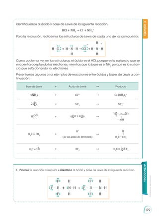 Prohibida
su
reproducción
179
Actividades
8.	 Plantea la reacción molecular e identifica al ácido y base de Lewis de la siguiente reacción.
Identifiquemos al ácido y base de Lewis de la siguiente reacción.
HCl + NH3
→ Cl-
+ NH4
+
Para la resolución, realicemos las estructuras de Lewis de cada uno de los compuestos.
Como podemos ver en las estructuras, el ácido es el HCl, porque es la sustancia que se
encuentra aceptando los electrones; mientras que la base es el NH3
porque es la sustan-
cia que está donando los electrones.
Presentamos algunos otros ejemplos de reacciones entre ácidos y bases de Lewis a con-
tinuación:
Ejemplo
3
H H H
H H
+
-
→
H H
H
N N
Cl Cl
� �
→
F F
H H
F F
H H
H H
F F
B B
N N
�
Base de Lewis + Ácido de Lewis → Producto
4NH3
+ Cu2+
→ Cu (NH3
)4
2+
2 F + SiF4 → SiF6
2-
H O + →
H2
C = CH2
+
H+
(de un ácido de Br�nsted)
→
H2
C—CH2
H
+
H2
C = O + BF3 → H2
C ≡ O B F3
 