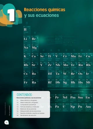 Prohibida
su
reproducción
16
16
1
Prohibida
su
reproducción
1.	 Reacciones químicas y sus ecuaciones
	 1.1.	 Masa atómica y Avogadro
	 1.2.	 Masa molecular y Avogadro
	 1.3.	 Composición porcentual
	 1.4.	 Fórmula empírica y molecular
	 1.5.	 Balanceo de ecuaciones
	 1.6.	 Estequiometría de las reacciones
	 1.7.	 Reactivo limitante y reactivo en exceso
	 1.8.	 Rendimiento de reacción
http://goo.gl/N2EM3Y
CONTENIDOS:
 