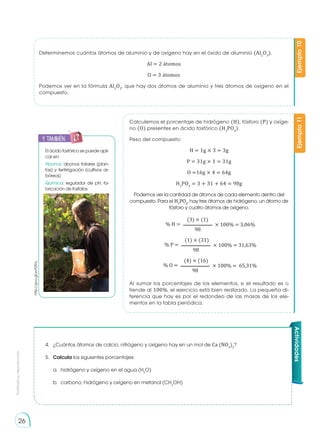 Prohibida
su
reproducción
26
Ejemplo
10
Ejemplo
11
Determinemos cuántos átomos de aluminio y de oxígeno hay en el óxido de aluminio (Al2
O3
).
Al = 2 átomos
O = 3 átomos
Podemos ver en la fórmula Al2
O3
, que hay dos átomos de aluminio y tres átomos de oxígeno en el
compuesto.
Calculemos el porcentaje de hidrógeno (H), fósforo (P) y oxíge-
no (O) presentes en ácido fosfórico (H3
PO4
).
Peso del compuesto:
H = 1g × 3 = 3g
P = 31g × 1 = 31g
O =16g × 4 = 64g
H3
PO4
= 3 + 31 + 64 = 98g
Podemos ver la cantidad de átomos de cada elemento dentro del
compuesto. Para el H3
PO4
, hay tres átomos de hidrógeno, un átomo de
fósforo y cuatro átomos de oxígeno.
Al sumar los porcentajes de los elementos, si el resultado es o
tiende al 100%, el ejercicio está bien realizado. La pequeña di-
ferencia que hay es por el redondeo de las masas de los ele-
mentos en la tabla periódica.
% H = × 100% = 3,06%
(3) × (1)
98
% P = × 100% = 31,63%
(1) × (31)
98
% O = × 100% = 65,31%
(4) × (16)
98
4.	 ¿Cuántos átomos de calcio, nitrógeno y oxígeno hay en un mol de Ca (NO3
)2
?
5.	 Calcula los siguientes porcentajes:
a.	 hidrógeno y oxígeno en el agua (H2
O)
b.	 carbono, hidrógeno y oxígeno en metanol (CH3
OH)
Actividades
El ácido fosfórico se puede apli-
car en:
Abonos: abonos foliares (plan-
tas) y fertirrigación (cultivos ar-
bóreos)
Química: regulador de pH, fa-
bricación de fosfatos
y también:
E
N
G
R
UPO
Y
T
A
M
B
IÉN
T
I
C
S
R
E
C
O
R
T
A
BLES
C
A
L
C
U
L
A
DORA
http://goo.gl/yvX2Rq
 