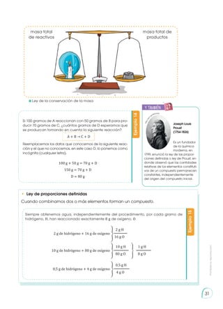 Prohibida
su
reproducción
31
Siempre obtenemos agua, independientemente del procedimiento, por cada gramo de
hidrógeno, H, han reaccionado exactamente 8 g de oxígeno, O.
masa total
de reactivos
masa total de
productos
	Ley de la conservación de la masa
Ejemplo
15
Si 100 gramos de A reaccionan con 50 gramos de B para pro-
ducir 70 gramos de C, ¿cuántos gramos de D esperamos que
se produzcan tomando en cuenta la siguiente reacción?
Reemplacemos los datos que conocemos de la siguiente reac-
ción y el que no conocemos, en este caso D, lo ponemos como
incógnita (cualquier letra).
A + B → C + D
100 g + 50 g = 70 g + D
150 g = 70 g + D
D = 80 g
Ejemplo
14
•	 Ley de proporciones definidas
Cuando combinamos dos o más elementos forman un compuesto.
2 g de hidrógeno + 16 g de oxígeno
10 g de hidrógeno + 80 g de oxígeno
0,5 g de hidrógeno + 4 g de oxígeno
�
� �
�
2 g H
10 g H 1 g H
0,5 g H
16 g O
80 g O 8 g O
4 g O
y también:
E
N
G
R
UPO
Y
T
A
M
B
IÉN
T
I
C
S
R
E
C
O
R
T
A
BLES
C
A
L
C
U
L
A
DORA
h
t
t
p
:
/
/
g
o
o.gl/W0mfDy
Joseph Louis
Proust
(1754-1826)
Es un fundador
de la química
moderna, en
1799, enunció la ley de las propor-
ciones definidas o ley de Proust, en
donde observó que las cantidades
relativas de los elementos constituti-
vos de un compuesto permanecen
constantes, independientemente
del origen del compuesto inicial.
 