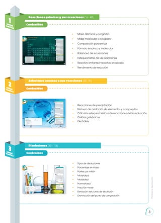 Contenidos
•	 Reacciones de precipitación
•	 Número de oxidación de elementos y compuestos
•	 Cálculos estequiométricos de reacciones óxido reducción
•	 Celdas galvánicas
•	 Electrólisis
Contenidos
Contenidos
v
Reacciones químicas y sus ecuaciones (16 - 49)
Soluciones acuosas y sus reacciones (50 - 81)
Disoluciones (82 - 113)
1
unidad
temática
•	 Masa atómica y avogadro
•	 Masa molecular y avogadro
•	 Composición porcentual
•	 Fórmula empírica y molecular
•	 Balanceo de ecuaciones
•	 Estequiometría de las reacciones
•	 Reactivo limitante y reactivo en exceso
•	 Rendimiento de reacción
•	 Tipos de disoluciones
•	 Porcentaje en masa
•	 Partes por millón
•	 Molaridad
•	 Molalidad
•	 Normalidad
•	 Fracción molar
•	 Elevación del punto de ebullición
•	 Disminución del punto de congelación
2
unidad
temática
3
unidad
temática
3
Prohibida
su
reproducción
 