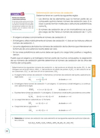 Prohibida
su
reproducción
58
Determinación del número de oxidación
Debemos tener en cuenta las siguientes reglas:
• 	Los átomos de los elementos que no forman parte de un
compuesto químico tienen número de oxidación cero, 0, in-
cluso cuando forman moléculas o estructuras poliatómicas,
como N2
.
• 	El número de oxidación de un ion monoatómico es su pro-
pia carga; así, Na+
tiene un número de oxidación de + 1 y Cl-
,
-1.
Determinemos los siguientes números de oxidación: a. del azufre en el dióxido de azufre, SO2
-
; b. del
nitrógeno en el ácido nítrico, HNO3
-
; c. del azufre en el sulfato de potasio, K2
SO4
-
; d. del carbono en el
ion carbonato, CO3
2-
; e. del cloro en el ion perclorato, ClO4
-
.
a.	 El oxígeno tiene número de oxidación −2, llamamos x al número de oxidación del azufre y aplicamos la
regla dada:
b.	 El hidrógeno tiene número de oxidación +1 y el oxígeno, −2. Llamamos x al del nitrógeno y, a continua-
ción, aplicamos la regla:
c.	 El potasio tiene número de oxidación +1 y el oxígeno, −2. Llamamos x al del azufre y procedemos como antes:
d.	 La carga total del ion carbonato es −2. Por tanto:
e.	 Carga total del ion perclorato −1
Ejemplo
7
+1 x -2
H N O3
+ 1 + x + 3(−2) = 0 de donde x = + 5
K2
SO4
2(+1) + x + 4(−2) = 0 de donde x = + 6
x -2
CO2-
x + 3(−2) = −2 de donde x = + 4
3
ClO-
x + 4(−2) = −1 de donde x = + 7
4
SO2
x + 2(−2) = 0 de donde x = + 4
3.	 Determina el número de oxidación de cada elemento en las siguientes especies químicas molecula-
res o iónicas:
H2
O, Al2
S3
, NaNO2
, H2
SO3
, SrMnO4
, AlPO4
, Rb3
,BO3
, IO-
3
,SiO2-
, PO3-
Número de oxidación
y reacciones químicas
En las reacciones químicas el núme-
ro de electrones ganados por algu-
nos átomos coincide con el número
de electrones cedidos por otros, de
manera que el balance total del
cambio es cero.
y también:
E
N
G
R
UPO
Y
T
A
M
B
IÉN
T
I
C
S
R
E
C
O
R
T
A
BLES
C
A
L
C
U
L
A
DORA
• 	El oxígeno emplea comúnmente el número de oxidación -2.
• 	El hidrógeno utiliza habitualmente el número de oxidación +1. Solo en los hidruros utiliza el
número de oxidación -1.
• 	La suma algebraica de todos los números de oxidación de los átomos que intervienen en
la fórmula de una sustancia neutra debe ser cero.
• 	En los iones poliatómicos esta suma debe ser igual a la carga total, positiva o negativa,
del ion.
Puesto que el oxígeno y el hidrógeno forman parte de muchos compuestos, la asignación
de sus números de oxidación permite determinar el número de oxidación de los otros ele-
mentos del compuesto.
Actividades
+1 x -2
x -2
x -2
 