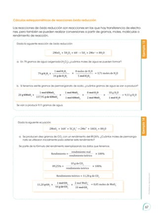 Prohibida
su
reproducción
67
Cálculos estequiométricos de reacciones óxido reducción
Las reacciones de óxido reducción son reacciones en las que hay transferencia de electro-
nes, pero también se pueden realizar conversiones a partir de gramos, moles, moléculas o
rendimiento de reacción.
Dada la siguiente reacción de óxido reducción:
2MnO4
-
+ 5H2
O2
+ 6H+
5O2
+ 2Mn+2
+ 8H2
O
a. 	En 79 gramos de agua oxigenada (H2
O2
), ¿cuántos moles de agua se pueden formar?
1 mol H2
O2
34 g de H2
O2
8 moles de H2
O
5 mol H2
O2
79 g H2
O2
× × = 3,71 moles de H2
O
b.	 Si tenemos veinte gramos de permanganato de sodio, ¿cuántos gramos de agua se van a producir?
Se van a producir 9,11 gramos de agua.
Ejemplo
13
2MnO4
-
+ 16H
+
+ 5C2
O4
2-
→ 2Mn
2+
+ 10CO2
+ 8H2
O
a. 	Se producen diez gramos de CO2
con un rendimiento del 89,26%. ¿Cuántos moles de permanga-
nato se utilizaron inicialmente para obtener este rendimiento?
Se parte de la fórmula del rendimiento reemplazando los datos que tenemos:
rendimiento real
rendimiento teórico
Rendimiento = × 100%
10 g de CO2
rendimiento teórico
89,25% = × 100%
Rendimiento teórico = 11,20 g de CO2
1 mol CO2
2 mol MnO4
-
44 g de CO2 10 mol CO2
11,20 g CO2
× × = 0,05 moles de MnO4
-
Ejemplo
14
1 mol KMnO4
1 mol MnO4
-
8 mol H2
O 18 g H2
O
157,95 g de KMnO4 1 mol KMnO4
2 mol MnO4
-
1 mol H2
O
20 g KMnO4
× × × × = 9,11 g H2
O
Dada la siguiente ecuación:
 