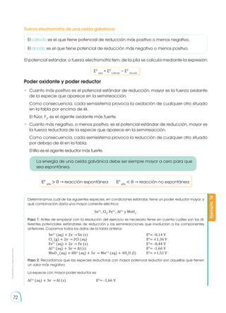 Prohibida
su
reproducción
72
Fuerza electromotriz de una celda galvánica
El potencial estándar, o fuerza electromotriz fem, de la pila se calcula mediante la expresión:
E0
pila
> 0 → reacción espontánea E0
pila
< 0 → reacción no espontánea
Determinamos cuál de las siguientes especies, en condiciones estándar, tiene un poder reductor mayor, y
qué combinación daría una mayor corriente eléctrica.
Sn2+
, Cl2
, Fe2+
, Al3+
y MnO4
-
.
Paso 1: Antes de empezar con la resolución del ejercicio es necesario tener en cuenta cuáles son los di-
ferentes potenciales estándares de reducción y las semirreacciones que involucran a los componentes
anteriores. Copiamos todos los datos de la tabla anterior.
Paso 2: Recordamos que las especies reductoras con mayor potencial reductor son aquellas que tienen
un valor más negativo.
La especie con mayor poder reductor es:
Al3+
(aq) + 3e-
→ Al (s)			E0
= -1,66 V
Ejemplo
16
Sn2+
(aq) + 2e-
→ Sn (s)
Cl2
(g) + 2e-
→ 2Cl (aq)
Fe2+
(aq) + 2e-
→ Fe (s)
Al3+
(aq) + 3e-
→ Al (s)
MnO-
4
(aq) + 8H+
(aq) + 5e-
→ Mn2+
(aq) + 4H2
O (l)
E0
= -0,14 V
E0
= +1,36 V
E0
= -0,44 V
E0
= -1,66 V
E0
= +1,51 V
Poder oxidante y poder reductor
•	 Cuanto más positivo es el potencial estándar de reducción, mayor es la fuerza oxidante
de la especie que aparece en la semirreacción.
Como consecuencia, cada semisistema provoca la oxidación de cualquier otro situado
en la tabla por encima de él.
El flúor, F2
, es el agente oxidante más fuerte.
•	 Cuanto más negativo, o menos positivo, es el potencial estándar de reducción, mayor es
la fuerza reductora de la especie que aparece en la semirreacción.
Como consecuencia, cada semisistema provoca la reducción de cualquier otro situado
por debajo de él en la tabla.
El litio es el agente reductor más fuerte.
E0
pila
= E0
cátodo
− E0
ánodo
El cátodo es el que tiene potencial de reducción más positivo o menos negativo.
El ánodo es el que tiene potencial de reducción más negativo o menos positivo.
La energía de una celda galvánica debe ser siempre mayor a cero para que
sea espontánea.
 