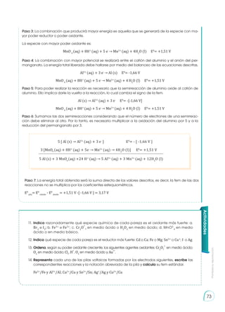 Prohibida
su
reproducción
73
Paso 3: La combinación que producirá mayor energía es aquella que se generará de la especie con ma-
yor poder reductor o poder oxidante.
La especie con mayor poder oxidante es:
	MnO-
4
(aq) + 8H+
(aq) + 5 e-
→ Mn2+
(aq) + 4H2
O (l) E0
= +1,51 V
Paso 4: La combinación con mayor potencial se realizará entre el catión del aluminio y el anión del per-
manganato. La energía total liberada debe hallarse por medio del balanceo de las ecuaciones descritas.
Al3+
(aq) + 3 e-
→ Al (s) E0
= -1,66 V
MnO-
4
(aq) + 8H+
(aq) + 5 e-
→ Mn2+
(aq) + 4 H2
O (l) E0
= +1,51 V
Paso 5: Para poder realizar la reacción es necesario que la semirreacción de aluminio oxide al catión de
aluminio. Ello implica darle la vuelta a la reacción, lo cual cambia el signo de la fem.
Al (s) → Al3+
(aq) + 3 e-
E0
= -[-1,66 V]
MnO-
4
(aq) + 8H+
(aq) + 5 e-
→ Mn2+
(aq) + 4 H2
O (l) E0
= +1,51 V
Paso 6: Sumamos las dos semirreacciones considerando que el número de electrones de una semirreac-
ción debe eliminar al otro. Por lo tanto, es necesario multiplicar a la oxidación del aluminio por 5 y a la
reducción del permanganato por 3.
5 [ Al (s) → Al3+
(aq) + 3 e-
]		 E0
= - [ -1,66 V ]
5 Al (s) + 3 MnO-
(aq) +24 H+
(aq) → 5 Al3+
(aq) + 3 Mn2+
(aq) + 12H2
O (l)
3 [MnO-
(aq) + 8H+
(aq) + 5e-
→ Mn2+
(aq) → 4H2
O (l)]	 E0
= +1,51 V
Actividades
11.	Indica razonadamente qué especie química de cada pareja es el oxidante más fuerte: a.
Br2
o I2
; b. Fe3+
o Fe2+
; c. Cr2
O
2-
7
en medio ácido o H2
O2
en medio ácido; d. MnO2-
4
en medio
ácido o en medio básico.
12.	Indica qué especie de cada pareja es el reductor más fuerte: Cd o Ca; Fe o Mg; Sn2+
o Cu+
; I-
o Ag.
13.	Ordena, según su poder oxidante creciente, los siguientes agentes oxidantes: Cr2
O7
2-
en medio ácido;
O2
en medio ácido; Cl2
, H
+
, O3
en medio ácido y Au
3+
.
14.	Representa cada una de las pilas voltaicas formadas por los electrodos siguientes, escribe las
correspondientes reacciones y la notación abreviada de la pila y calcula su fem estándar.
	Fe2+
/Fe y Al3+
/Al; Cu2+
/Cu y Sn2+
/Sn; Ag+
/Ag y Cu2+
/Cu
Paso 7: La energía total obtenida será la suma directa de los valores descritos, es decir, la fem de las dos
reacciones no se multiplica por los coeficientes estequiométricos.
E0
pila
= E0
cátodo
- E0
ánodo
= +1,51 V -[ -1,66 V ] = 3,17 V
4
4
 