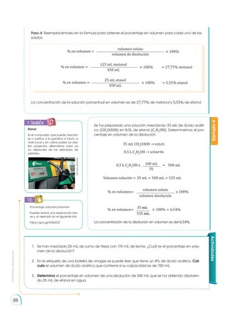 Prohibida
su
reproducción
88
Paso 4: Reemplacémoslo en la fórmula para obtener el porcentaje en volumen para cada uno de los
solutos.
Se ha preparado una solución mezclando 35 mL de ácido acéti-
co (CH3
COOH) en 0,5L de etanol (C2
H5
OH). Determinemos el por-
centaje en volumen de la disolución.
La concentración de la disolución en volumen es del 6,54%.
La concentración de la solución porcentual en volumen es de 27,77% de metanol y 5,55% de etanol.
Ejemplo
4
% en volumen = × 100%
volumen soluto
volumen de disolución
% en volumen = × 100% = 27,77% metanol
125 mL metanol
450 mL
% en volumen = × 100% = 5,55% etanol
25 mL etanol
450 mL
35 mL CH3
COOH → soluto
0,5 L C2
H5
OH → solvente
Volumen solución = 35 mL + 500 mL = 535 mL
0,5 L C2
H5
OH x =
100 mL
1L
% en volumen= x 100%
volumen soluto
volumen disolución
% en volumen= × 100% = 6,54%
35 mL
535 mL
1.	 Se han mezclado 25 mL de zumo de fresa con 115 mL de leche. ¿Cuál es el porcentaje en volu-
men de la disolución?
2.	 En la etiqueta de una botella de vinagre se puede leer que tiene un 4% de ácido acético. Cal-
cula el volumen de ácido acético que contiene si su capacidad es de 750 mL.
3.	 Determina el porcentaje en volumen de una disolución de 340 mL que se ha obtenido disolvien-
do 25 mL de etanol en agua.
Porcentaje volumen/volumen
Puedes revisar una explicación bre-
ve y un ejemplo en el siguiente link:
https://goo.gl/XAQZGZ
TIC
E
N
G
R
UPO
Y
T
A
M
B
IÉN
T
I
C
S
R
E
C
O
R
T
A
BLES
C
A
L
C
U
L
A
DORA
Actividades
500 mL
y también:
E
N
G
R
UPO
Y
T
A
M
B
IÉN
T
I
C
S
R
E
C
O
R
T
A
BLES
C
A
L
C
U
L
A
DORA
Etanol
Es el compuesto que puede mezclar-
se o sustituir a la gasolina a futuro, a
nivel local y en varios países ya exis-
ten proyectos alternativos para ya
no depender de los derivados de
petróleo.
http://goo.gl/BmPjXg
 