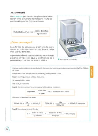 Prohibida
su
reproducción
96
La molalidad (m) de un componente es la re-
lación entre el número de moles del soluto res-
pecto a kilogramos (kg) de solvente.
En este tipo de soluciones, al solvente lo expre-
samos en unidades de masa, por lo que debe-
mos usar su densidad.
Experimentalmente pesamos el vaso vacío. Luego,
pesamos el vaso con agua y la diferencia es el
peso del agua, ambas formas son válidas.
3.5. Molalidad
Molalidad (mol/kg) = m =
moles de soluto
kg solvente
30 g NaCl × = 0,51 moles de NaCl → soluto
1 mol NaCl
58 g NaCl
500 mL H2
O × = 500 g H2
O
1 g
1 mL
500 g H2
O × = 0,5 kg H2
O → solvente
1 kg
1000 g H2
O
¿Cómo pesar agua?
http://goo.gl/Ofmw2o
Calculemoslamolalidaddeunadisoluciónformadapor treintagramosdeclorurodesodio(NaCl)en500mL
de agua.
Para la resolución del ejercicio debemos seguir los siguientes pasos.
Paso 1: Identifiquemos el soluto y el solvente.
30 gramos NaCl → soluto
500 mL H2
O → solvente
Paso 2: Transformemos a las unidades de la fórmula de molalidad.
Utilizando la densidad del agua.
Paso 3: Reemplazamos en la fórmula.
Ejemplo
14
m = = 1,02 mol/kg
=
moles de soluto 0,51 moles de NaCl
kg solvente 0,5 kg H2
O
	 Balanza de laboratorio
 