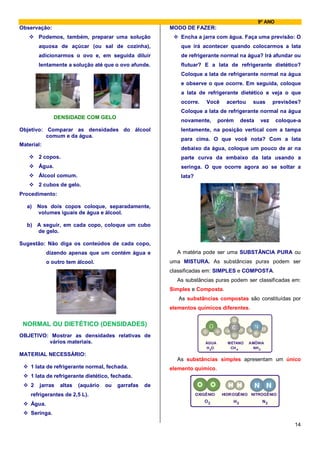 9º ANO
Observação:                                              MODO DE FAZER:
        Podemos, também, preparar uma solução                Encha a jarra com água. Faça uma previsão: O
        aquosa de açúcar (ou sal de cozinha),                que irá acontecer quando colocarmos a lata
        adicionarmos o ovo e, em seguida diluir              de refrigerante normal na água? Irá afundar ou
        lentamente a solução até que o ovo afunde.           flutuar? E a lata de refrigerante dietético?
                                                             Coloque a lata de refrigerante normal na água
                                                             e observe o que ocorre. Em seguida, coloque
                                                             a lata de refrigerante dietético e veja o que
                                                             ocorre.     Você     acertou     suas      previsões?
                                                             Coloque a lata de refrigerante normal na água
                DENSIDADE COM GELO
                                                             novamente,         porém     desta   vez      coloque-a
Objetivo: Comparar as densidades do álcool                   lentamente, na posição vertical com a tampa
          comum e da água.
                                                             para cima. O que você nota? Com a lata
Material:
                                                             debaixo da água, coloque um pouco de ar na
        2 copos.                                             parte curva da embaixo da lata usando a
        Água.                                                seringa. O que ocorre agora ao se soltar a
        Álcool comum.                                        lata?
        2 cubos de gelo.
Procedimento:

   a)   Nos dois copos coloque, separadamente,
        volumes iguais de água e álcool.

   b) A seguir, em cada copo, coloque um cubo
      de gelo.

Sugestão: Não diga os conteúdos de cada copo,
            dizendo apenas que um contém água e            A matéria pode ser uma SUBSTÂNCIA PURA ou
            o outro tem álcool.                          uma MISTURA. As substâncias puras podem ser
                                                         classificadas em: SIMPLES e COMPOSTA.
                                                           As substâncias puras podem ser classificadas em:
                                                         Simples e Composta.
                                                            As substâncias compostas são constituídas por
                                                         elementos químicos diferentes.


 NORMAL OU DIETÉTICO (DENSIDADES)
OBJETIVO: Mostrar as densidades relativas de
         vários materiais.                                               ÁGUA      METANO    AMÔNIA
                                                                         H 2O       CH 4       NH 3
MATERIAL NECESSÁRIO:
                                                           As substâncias simples apresentam um único
    1 lata de refrigerante normal, fechada.              elemento químico.
    1 lata de refrigerante dietético, fechada.
    2   jarras   altas   (aquário   ou   garrafas   de
    refrigerantes de 2,5 L).                                         OXIGÊNIO    HIDROGÊNIO NITROGÊNIO
                                                                        O2           H2            N2
    Água.
    Seringa.

                                                                                                                 14
 