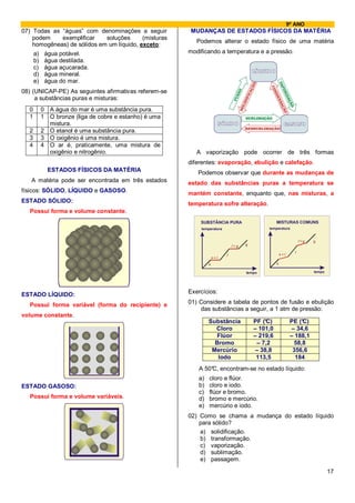 9º ANO
07) Todas as “águas” com denominações a seguir           MUDANÇAS DE ESTADOS FÍSICOS DA MATÉRIA
    podem    exemplificar    soluções      (misturas
                                                           Podemos alterar o estado físico de uma matéria
    homogêneas) de sólidos em um líquido, exceto:
      a)    água potável.                               modificando a temperatura e a pressão.
      b)    água destilada.
      c)    água açucarada.
      d)    água mineral.
      e)    água do mar.
08) (UNICAP-PE) As seguintes afirmativas referem-se
     a substâncias puras e misturas:
  0        0 A água do mar é uma substância pura.
  1        1 O bronze (liga de cobre e estanho) é uma
             mistura.
  2        2 O etanol é uma substância pura.
  3        3 O oxigênio é uma mistura.
  4        4 O ar é, praticamente, uma mistura de
             oxigênio e nitrogênio.                        A vaporização pode ocorrer de três formas
                                                        diferentes: evaporação, ebulição e calefação.
             ESTADOS FÍSICOS DA MATÉRIA                    Podemos observar que durante as mudanças de
   A matéria pode ser encontrada em três estados        estado das substâncias puras a temperatura se
físicos: SÓLIDO, LÍQUIDO e GASOSO.                      mantém constante, enquanto que, nas misturas, a
ESTADO SÓLIDO:                                          temperatura sofre alteração.
   Possui forma e volume constante.
                                                            SUBSTÂNCIA PURA                         MISTURAS COMUNS
                                                             temperatura                       temperatura


                                                                                                                    l+g   g
                                                                                l+g   g

                                                                                                                l
                                                                            l                           s+l
                                                                     s+ l
                                                                 s                                  s

                                                                                      tempo                               tempo




ESTADO LÍQUIDO:                                         Exercícios:

   Possui forma variável (forma do recipiente) e        01) Considere a tabela de pontos de fusão e ebulição
                                                            das substâncias a seguir, a 1 atm de pressão:
volume constante.
                                                                 Substância               PF (°C)              PE (°C)
                                                                   Cloro                  – 101,0               – 34,6
                                                                    Flúor                 – 219,6              – 188,1
                                                                   Bromo                   – 7,2                 58,8
                                                                  Mercúrio                 – 38,8               356,6
                                                                    Iodo                   113,5                 184
                                                            A 50° encontram-se no estado líquido:
                                                                C,
                                                            a)   cloro e flúor.
ESTADO GASOSO:                                              b)   cloro e iodo.
                                                            c)   flúor e bromo.
   Possui forma e volume variáveis.                         d)   bromo e mercúrio.
                                                            e)   mercúrio e iodo.
                                                        02) Como se chama a mudança do estado líquido
                                                            para sólido?
                                                            a) solidificação.
                                                            b) transformação.
                                                            c) vaporização.
                                                            d) sublimação.
                                                            e) passagem.

                                                                                                                                  17
 