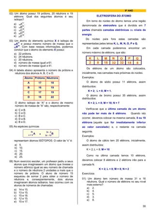 9º ANO
02) Um átomo possui 19 prótons, 20 nêutrons e 19
    elétrons. Qual dos seguintes átomos é seu                          ELETROSFERA DO ÁTOMO
    isótopo?
                                                           Em torno do núcleo do átomo temos uma região
           41
   a)    18A .
            40                                         denominada de eletrosfera que é dividida em 7
   b)    19B .
            38
   c)    18C .                                         partes chamada camadas eletrônicas ou níveis de
            58
   d)    39D .
            39                                         energia.
   e)    20E .
                                                          Do      núcleo     para   fora    estas     camadas      são
03) Um átomo do elemento químico X é isótopo de
       41
    20A   e possui mesmo número de massa que o         representadas pelas letras K, L, M, N, O, P e Q.
       44
    22B . Com base nessas informações, podemos
                                                           Em cada camada poderemos encontrar um
    concluir que o átomo do elemento X possui:
   a)    22 prótons.                                   número máximo de elétrons, que são:
   b)    24 nêutrons.
   c)    20 nêutrons.                                        K         L     M       N       O        P        Q
   d)    número de massa igual a 61.                         2         8     18      32      32       18       8
   e)    número de massa igual a 41.
                                                           Os     elétrons    de    um     átomo     são     colocados,
04) A tabela abaixo apresenta o número de prótons e
     nêutrons dos átomos A, B, C e D.                  inicialmente, nas camadas mais próximas do núcleo.
                Átomo Prótons Nêutrons                 Exemplos:

                  A            17          18              O átomo de sódio possui 11 elétrons, assim

                  B            16          19          distribuídos:
                                                            K = 2; L = 8; M = 1.
                  C            17          19
                                                           O átomo de bromo possui 35 elétrons, assim
                  D            18          22
                                                       distribuídos:
    O átomo isótopo de “A” e o átomo de mesmo               K = 2; L = 8; M = 18; N = 7
    número de massa de “A” são, respectivamente:
    a)   C e B.                                           Verifica-se que a última camada de um átomo
    b)   C e D.                                        não pode ter mais de 8 elétrons.                    Quando isto
    c)   B e C.
    d)   D e B.                                        ocorrer, devemos colocar na mesma camada, 8 ou 18
    e)   B e D.                                        elétrons (aquele que for imediatamente inferior
05) As espécies químicas                               ao valor cancelado) e, o restante na camada
                      3x             3x - 2            seguinte.
                    x+5
                           A   e               B
                                    2x - 1 0           Exemplos:
   representam átomos ISÓTOPOS. O valor de “x” é:          O átomo de cálcio tem 20 elétrons, inicialmente,
    a)   5.                                            assim distribuídos:
    b)   10.
                                                           K = 2; L = 8; M = 10
    c)   15.
    d)   20.
    e)   25.                                               Como na última camada temos 10 elétrons,
                                                       devemos colocar 8 elétrons e 2 elétrons irão para a
06) Num exercício escolar, um professor pediu a seus
    alunos que imaginassem um átomo que tivesse o      camada N.
    número atômico igual ao seu número de chamada
                                                                        K = 2; L = 8; M = 8; N = 2
    e o número de nêutrons 2 unidades a mais que o
    número de prótons. O aluno de número 15            Exercícios:
    esqueceu de somar 2 para obter o número de
    nêutrons e, conseqüentemente, dois alunos          01) Um átomo tem número de massa 31 e 16
    imaginaram átomos isóbaros. Isso ocorreu com os       nêutrons. Qual o número de elétrons no seu nível
    alunos de números de chamadas:                        mais externo?
                                                          a) 2.
   a)    14 e 15.                                         b) 4.
   b)    13 e 15.                                         c) 5.
   c)    15 e 16.                                         d) 3.
   d)    12 e 15.
                                                          e) 8.
   e)    15 e 17.
                                                                                                                    30
 