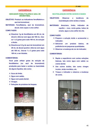 9º ANO

                    EXPERIÊNCIA                                        EXPERIÊNCIA
    INDICADOR FENOLFTALEÍNA E AZUL DE                  NEUTRALIZAÇÃO ENTRE ÁCIDOS E BASES
               BROMOTIMOL
                                                     OBJETIVOS:     Observar      a      tendência      de
OBJETIVO: Produzir os indicadores fenolftaleína e
                                                               neutralização entre ácidos e bases.
            azul de bromotimol.
MATERIAIS: Fenolftaleína, azul de bromotimol,        MATERIAIS:    Amoníaco,    limão,      indicador   de
            álcool, dois copos e uma colher.                   repolho – roxo, conta gotas, tubos de
COMO FAZER:                                                    ensaio, água e uma colher de chá.

    a) Dissolver 1g de fenolftaleína em 60 mL de
                                                     COMO FAZER:
       álcool e dilui-se com água até 100 mL. Usa-
                                                           Preparar a solução ácida e acrescentar o
       se 1 a 2 gotas para cada 100 mL de solução
                                                           indicador.
       a titular.
                                                           Adicionar     um    produto       básico,    de
    b) Dissolve-se 0,1g de azul de bromotimol em
                                                           preferência em pequenas quantidades.
       20 mL de álcool quente e dilui-se com água
                                                           Observar a mudança de cor do indicador.
       até 100 mL. Usa-se 1 a 3 gotas para cada
       100 mL a ser titulada.                        COMENTÁRIOS:

COMENTÁRIOS:                                               Repita a experiência com outras soluções
    Você pode utilizar gotas da solução de                 básicas, tais como água com sabão ou
    fenolftaleína    (ou   azul   de   bromotimol)         creme dental.
    produzida para testar a acidez ou basicidade           Use outros ácidos, tais como vinagre
    de alguns líquidos, tais como:                         incolor, ácido muriático, etc.
                                                           Troque o indicador e observe a mudança
       Suco de limão.
                                                           de cores.
       Água com sabão.
       Água com pasta dental.
       Vinagre.
       Soluções de produtos de limpeza.




                                                                                                        45
 