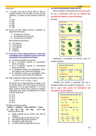 9º ANO
Exercícios:                                            LEI DAS PROPORÇÕES CONSTANTES

01)    A reação entre 23g de álcool etílico e 48g de     Esta lei também é conhecida como lei de Proust e
      oxigênio produziu 27g de água, ao lado de gás    diz que a proporção com que as massas das
      carbônico. A massa de gás carbônico obtida foi
                                                       substâncias reagem é sempre constante.
      de:
      a) 44g.                                          Exemplo:
      b) 22g.                                                      1ª experiência:
      c) 61g.
                                                                   HIDROGÊNIO              OXIGÊNIO                 ÁGUA
      d) 88g.
      e) 18g.
                                                                                   +
02) Acerca de uma reação química, considere as
    seguintes afirmações:
             I. A massa se conserva.
            II. As moléculas se conservam.
                                                                    2ª experiência:
           III. Os átomos se conservam.
                                                                    HIDROGÊNIO              OXIGÊNIO                ÁGUA
      São corretas as afirmativas:
      a)    I e II apenas.
      b)    II e III apenas.
      c)    I e III apenas.
      d)    I apenas.                                                                   +
      e)    III apenas.
03) A afirmativa “Numa reação química, a soma das
     quantidades dos reagentes é igual à soma das
     quantidades dos produtos da reação”.
                                                         Duplicando a quantidade de átomos, todas as
      a) É sempre verdadeira na química.
      b) Só é verdadeira quando as quantidades         massas dobrarão.
         forem em massa.
                                                                  Numericamente teremos:
      c) Só é verdadeira quando as quantidades
         forem em volume.                                         1ª experiência:
      d) É verdadeira quando as quantidades forem                 hidrogênio           +    oxigênio                            água
         em massa ou em número de moléculas.                          4g                         32 g                           36 g
      e) É verdadeira quando as quantidades forem                 2ª experiência:
         em volumes ou em número de moléculas.
                                                                  hidrogênio           +    oxigênio                            água
04) Dada a seguinte reação de combustão do etanol:                     8g                       64 g                            72 g
               C2H6O + 3 O2    2 CO2 + 3 H2O
      De acordo com a estequiometria da reação, 10 g      Verifique que sempre a proporção com que o
      de etanol reagem com certa massa de oxigênio,    hidrogênio reage com o oxigênio é sempre de                                     1 : 8,
      produzindo 19 g de gás carbônico e 12 g de
                                                       isto é, para cada grama de hidrogênio são
      água. Pode-se afirmar que a massa de oxigênio
      necessária para reagir completamente com todo    necessários 8g de oxigênio.
      o álcool usado é de:
      a) 12 g.                                                     Genericamente podemos dizer que:
      b) 18 g.                                                      1ª experiência:
      c) 21 g.
      d) 32 g.
                                                                      A        +   B                    C       +   D

      e) 64 g.                                                        m            m                    m           m
                                                                           A           B                    C           D

05) Dado o fenômeno abaixo:                                         2ª experiência:
  metano + oxigênio     gás carbônico + água                           A       +   B                    C       +   D
                                                                                                            ,
 (x + 3)g (6x + 2)g      (6x - 8)g    (3x + 3)g                       m
                                                                           ,       m,                   m           m,
                                                                           A           B                       C        D
   Podemos afirmar que:
   a)        Estão reagindo 5g de metano com 32g de                  Teremos que:
             oxigênio.                                                m                m               m             m
   b)        A massa de água produzida é de 33g.                           A                B              C                D
                                                                         ,
                                                                           =               =               , =
   c)        São obtidos 38g de gás carbônico.                         m                m,             m             m,
                                                                           A                B              C                D
   d)        O oxigênio usado pesa 32g.
   e)        A massa total dos reagentes é de 15g.

                                                                                                                                          52
 
