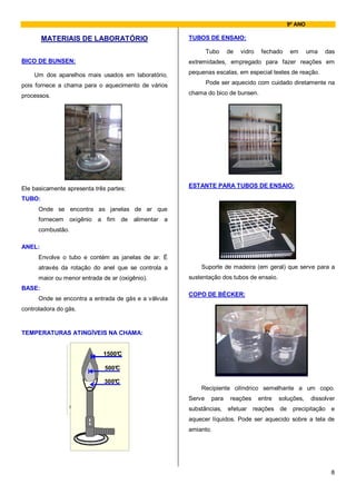 9º ANO

        MATERIAIS DE LABORATÓRIO                            TUBOS DE ENSAIO:

                                                                    Tubo    de   vidro    fechado      em      uma   das
BICO DE BUNSEN:                                             extremidades, empregado para fazer reações em

    Um dos aparelhos mais usados em laboratório,            pequenas escalas, em especial testes de reação.

pois fornece a chama para o aquecimento de vários                   Pode ser aquecido com cuidado diretamente na

processos.                                                  chama do bico de bunsen.




Ele basicamente apresenta três partes:                      ESTANTE PARA TUBOS DE ENSAIO:

TUBO:
      Onde se encontra as janelas de ar que
      fornecem     oxigênio a fim        de alimentar   a
      combustão.

ANEL:
      Envolve o tubo e contém as janelas de ar. É
      através da rotação do anel que se controla a              Suporte de madeira (em geral) que serve para a
      maior ou menor entrada de ar (oxigênio).              sustentação dos tubos de ensaio.
BASE:
                                                            COPO DE BÉCKER:
      Onde se encontra a entrada de gás e a válvula
controladora do gás.


TEMPERATURAS ATINGÍVEIS NA CHAMA:


                        1500°C
                                 1500°
                                     C
                         500°
                            C

                         300°C   500°
                                    C

                                 300°C
                                                                Recipiente cilíndrico semelhante a um copo.
                                                            Serve    para    reações     entre   soluções,      dissolver
                                                            substâncias,    efetuar    reações   de    precipitação e
                                                            aquecer líquidos. Pode ser aquecido sobre a tela de
                                                            amianto.




                                                                                                                       8
 