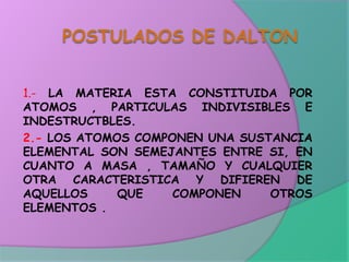 1.- LA MATERIA ESTA CONSTITUIDA POR
ATOMOS , PARTICULAS INDIVISIBLES E
INDESTRUCTBLES.
2.- LOS ATOMOS COMPONEN UNA SUSTANCIA
ELEMENTAL SON SEMEJANTES ENTRE SI, EN
CUANTO A MASA , TAMAÑO Y CUALQUIER
OTRA CARACTERISTICA Y DIFIEREN DE
AQUELLOS QUE COMPONEN OTROS
ELEMENTOS .
 