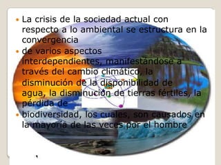 La crisis de la sociedad actual con respecto a lo ambiental se estructura en la convergencia de varios aspectos interdependientes, manifestándose a través del cambio climático, la disminución de la disponibilidad de agua, la disminución de tierras fértiles, la pérdida de biodiversidad, los cuales, son causados en la mayoría de las veces por el hombre