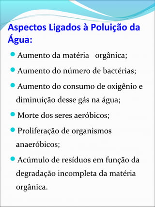 Aspectos Ligados à Poluição da
Água:
Aumento da matéria orgânica;
Aumento do número de bactérias;
Aumento do consumo de oxigênio e
diminuição desse gás na água;
Morte dos seres aeróbicos;
Proliferação de organismos
anaeróbicos;
Acúmulo de resíduos em função da
degradação incompleta da matéria
orgânica.
 