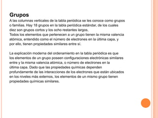 Grupos
A las columnas verticales de la tabla periódica se les conoce como grupos
o familias. Hay 18 grupos en la tabla periódica estándar, de los cuales
diez son grupos cortos y los ocho restantes largos,
Todos los elementos que pertenecen a un grupo tienen la misma valencia
atómica, entendido como el número de electrones en la última capa, y
por ello, tienen propiedades similares entre sí.
La explicación moderna del ordenamiento en la tabla periódica es que
los elementos de un grupo poseen configuraciones electrónicas similares
entre y la misma valencia atómica, o número de electrones en la
última capa. Dado que las propiedades químicas dependen
profundamente de las interacciones de los electrones que están ubicados
en los niveles más externos, los elementos de un mismo grupo tienen
propiedades químicas similares.

 