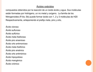 Ácidos oxácidos
compuestos obtenidos por la reacción de un óxido ácido y agua. Sus moléculas
están formadas por hidrógeno, un no metal y oxígeno. La familia de los
Nitrogenoides (P;As; Sb) puede formar ácido con 1, 2 y 3 moléculas de H20
Respectivamente, anteponiendo el prefijo meta, piro y orto.
Ácido cloroso
Ácido sulfuroso
Ácido sulfúrico
Ácido meta fosforoso
Ácido piro arsenioso
Ácido orto antimonioso
Ácido meta fosfórico
Ácido piro arsénico
Ácido orto antimónico
Ácido hipoyodoso
Ácido mangánico
Ácido crómico

 