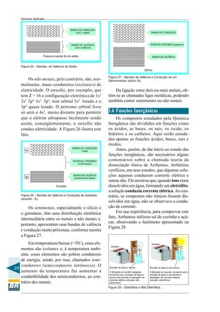 24
Química Aplicada
Figura 25 – Bandas de Valência do Sódio.
Os não metais, pelo contrário, são, nor-
malmente, maus condutores (isolantes) de
eletricidade. O enxofre, por exemplo, que
tem Z = 16 e configuração eletrônica de 1s2
2s2
2p6
3s2
3p4
, tem orbital 3s2
lotado e o
3p4
quase lotado. O próximo orbital livre
só será o 4s2
, muito distante para permitir
que o elétron ultrapasse facilmente sendo
assim, conseqüentemente, o enxofre não
conduz eletricidade. A Figura 26 ilustra este
fato.
Figura 26 – Bandas de Valência e Condução de Isolantes
(enxofre - S).
Os semimetais, especialmente o silício e
o germânio, têm uma distribuição eletrônica
intermediária entre os metais e não metais e,
portanto, apresentam suas bandas de valência
e condução muito próximas, conforme mostra
a Figura 27.
Em temperaturas baixas (< 0º
C), esses ele-
mentos são isolantes e, à temperatura ambi-
ente, esses elementos são pobres condutores
de energia, sendo, por isso, chamados semi-
condutores (semicondutores intrínsecos). O
aumento da temperatura faz aumentar a
condutibilidade dos semicondutores, ao con-
trário dos metais.
Figura 27 – Bandas de Valência e Condução de um
Semicondutor (silício Si).
Da ligação entre dois ou mais metais, ob-
tém-se as chamadas ligas metálicas, podendo
também conter semimetais ou não metais
1.6 Funções Inorgânicas
Os compostos estudados pela Química
Inorgânica são divididos em funções como
os ácidos, as bases, os sais, os óxido, os
hidretos e os carbetos. Aqui serão estuda-
das apenas as funções ácidos, bases, sais e
óxidos.
Antes, porém, de dar início ao estudo das
funções inorgânicas, são necessários alguns
comentários sobre a chamada teoria da
dissociação iônica de Arrhenius. Arrhenius
verificou, em seus estudos, que algumas solu-
ções aquosas conduzem corrente elétrica e
outras não. Ele mostrou que, quando íons eram
dissolvidos em água, formando um eletrólito,
a solução conduzia corrente elétrica. Ao con-
trário, se compostos não iônicos fossem dis-
solvidos em água, não se observava a condu-
ção de corrente.
Em sua experiência, para comprovar este
fato, Arrhenius utilizou sal de cozinha e açú-
car, observando o fenômeno apresentado na
Figura 28.
Figura 28 – Eletrólitos e Não Eletrólitos.
A lâmpada se mantém apagada,
provando que a solução de água e
açúcar não permite a passagem da
corrente elétrica (solução não-
eletrolítica)
A lâmpada se acende, provando que a
solução de água e sal permite a
passagem da corrente elétrica
(solução eletrolítica).
Gerador
Gerador
+
Solução de água e açúcar Solução de água e sal comum
–
+–
 
