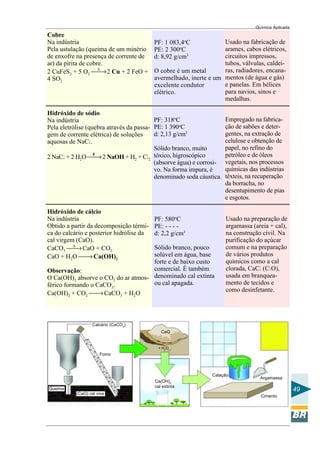 Química Aplicada
49
Hidróxido de sódio
Na indústria
Pela eletrólise (quebra através da passa-
gem de corrente elétrica) de soluções
aquosas de NaCl.
2 NaCl + 2 H2O →2 NaOH + H2 + Cl2
PF: 318o
C
PE: 1 390o
C
d: 2,13 g/cm3
Sólido branco, muito
tóxico, higroscópico
(absorve água) e corrosi-
vo. Na forma impura, é
denominado soda cáustica.
Empregado na fabrica-
ção de sabões e deter-
gentes, na extração de
celulose e obtenção de
papel, no refino do
petróleo e de óleos
vegetais, nos processos
químicas das indústrias
têxteis, na recuperação
da borracha, no
desentupimento de pias
e esgotos.
Hidróxido de cálcio
Na indústria
Obtido a partir da decomposição térmi-
ca do calcário e posterior hidrólise da
cal virgem (CaO).
CaCO3
∆
→CaO + CO2
CaO + H2O →Ca(OH)2
Observação:
O Ca(OH)2 absorve o CO2 do ar atmos-
férico formando o CaCO3.
Ca(OH)2 + CO2 →CaCO3 + H2O
PF: 580o
C
PE: - - - -
d: 2,2 g/cm3
Sólido branco, pouco
solúvel em água, base
forte e de baixo custo
comercial. É também
denominado cal extinta
ou cal apagada.
Usado na preparação de
argamassa (areia + cal),
na construção civil. Na
purificação do açúcar
comum e na preparação
de vários produtos
químicos como a cal
clorada, CaCl (ClO),
usada em branquea-
mento de tecidos e
como desinfetante.
Cobre
Na indústria
Pela ustulação (queima de um minério
de enxofre na presença de corrente de
ar) da pirita de cobre.
2 CuFeS2 + 5 O2
∆
→2 Cu + 2 FeO +
4 SO2
PF: 1 083,4o
C
PE: 2 300o
C
d: 8,92 g/cm3
O cobre é um metal
avermelhado, inerte e um
excelente condutor
elétrico.
Usado na fabricação de
arames, cabos elétricos,
circuitos impressos,
tubos, válvulas, caldei-
ras, radiadores, encana-
mentos (de água e gás)
e panelas. Em hélices
para navios, sinos e
medalhas.
Ca(OH)2
cal extinta
CaO
Forno
Calcário (CaCO3
)
Argamassa
Cimento
Queima
+ H2
O(l)
Calação
(CaO) cal viva
 