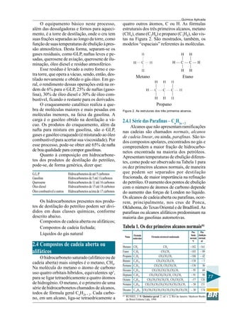 Química Aplicada
77
O equipamento básico neste processo,
além das dessalgadoras e fornos para aqueci-
mento, é a torre de destilação, onde o cru tem
suas frações separadas ao longo da torre, como
função de suas temperaturas de ebulição à pres-
são atmosférica. Desta forma, separam-se os
gases residuais, como GLP, naftas leves e pe-
sadas, querosene de aviação, querosene de ilu-
minação, óleo diesel e resíduo atmosférico.
Esse resíduo é levado a outro forno e ou-
tra torre, que opera a vácuo, sendo, então, des-
tilado novamente e obtido o gás óleo. Em ge-
ral, o rendimento dessas operações está na or-
dem de 6% para o GLP, 25% de naftas (gaso-
lina), 30% de óleo diesel e 30% de óleo com-
bustível, ficando o restante para os derivados.
O craqueamento catalítico realiza a que-
bra de moléculas maiores e mais pesadas em
moléculas menores, na faixa da gasolina. A
carga é o gasóleo obtido na destilação a vá-
cuo. Os produtos do craqueamento, além da
nafta para mistura em gasolina, são o GLP,
gases e gasóleo craqueado (é misturado ao óleo
combustível para acertar sua viscosidade). Por
esse processo, pode-se obter até 65% de nafta
de boa qualidade para compor gasolinas.
Quanto à composição em hidrocarbone-
tos dos produtos de destilação do petróleo,
pode-se, de forma genérica, dizer que:
G.L.P. Hidrocarbonetosdeaté5carbonos
Gasolina Hidrocarbonetosde5até11carbonos
Querosene Hidrocarbonetosde11até16carbonos
Óleodiesel Hidrocarbonetosde15até18carbonos
Óleocombustíveleoutros Hidrocarbonetosacimade17carbonos
Os hidrocarbonetos presentes nos produ-
tos de destilação do petróleo podem ser divi-
didos em duas classes químicas, conforme
descrito abaixo.
Compostos de cadeia aberta ou alifáticos;
Compostos de cadeia fechada;
Líquidos do gás natural
2.4 Compostos de cadeia aberta ou
alifáticos
O hidrocarboneto saturado (alifático ou de
cadeia aberta) mais simples é o metano, CH4.
Na molécula do metano o átomo de carbono
uso quatro orbitais híbridos, equivalentes sp3
,
para se ligar tetraedricamente a quatro átomos
de hidrogênio. O metano, é o primeiro de uma
série de hidrocarbonetos chamados de alcanos,
todos de fórmula geral CnH2n + 2. Cada carbo-
no, em um alcano, liga-se tetraedricamente a
(6)
RUSSEL, J. B. Química geral. 2. ed. v. 2, Rio de Janeiro: Markron Books
do Brasil Editora Ltda, 1994.
quatro outros átomos, C ou H. As fórmulas
estruturais dos três primeiros alcanos, metano
(CH4), etano (C2H6) e propano (C3H8), são vis-
tas na Figura 2. São mostrados, também, os
modelos “espaciais” referentes às moléculas.
Metano Etano
Propano
Figura 2. As estruturas dos três primeiros alcanos.
2.4.1 Série das Parafinas – Cn
H2n + 2
Alcanos que não apresentam ramificações
nas cadeias são chamados normais, alcanos
de cadeia linear, ou ainda, parafinas. São to-
dos compostos apolares, encontrados no gás e
compreendem a maior fração de hidrocarbo-
netos encontrada na maioria dos petróleos.
Apresentam temperaturas de ebulição diferen-
tes, como pode ser observado na Tabela 1 para
os dez primeiros alcanos normais, de maneira
que podem ser separados por destilação
fracionada, de maior importância na refinação
do petróleo. O aumento dos pontos de ebulição
com o número de átomos de carbono depende
do aumento das forças de London no líquido.
Os alcanos de cadeia aberta ou parafinas, ocor-
rem, principalmente, nos crus de Ponca,
Oklahoma, do Texas Oriental e de Bradford. As
parafinas ou alcanos alifáticos predominam na
maioria das gasolinas automotivas.
Tabela 1. Os dez primeiros alcanos normais(6)
Metano CH4 CH4 –182 –161
Etano C2H6 CH3CH3 –183 – 89
Propano C3H8 CH3CH2CH3 –188 – 42
Butano C4H10 CH3CH2CH2CH3 –138 – 1
Pentano C5H12 CH3CH2 CH2CH2CH3 –130 36
Hexano C6H14 CH3CH2CH2CH2CH2CH3 – 95 69
Heptano C7H16 CH3CH2CH2CH2CH2 CH2CH3 – 91 98
Octano C8H18 CH3CH2CH2CH2CH2 CH2CH2CH3 –57 126
Nonano C9H20 CH3CH2CH2CH2CH2CH2CH2CH2CH3 – 50 151
Decano C10H22 CH3CH2CH2CH2CH2CH2CH2CH2CH2CH3 – 30 174
Nome
Fórmula
molecular
Fórmulaestruturalcondensada
Pto.
fusão
normal,
o
C
Pto.
ebulição
normal,
oC
 