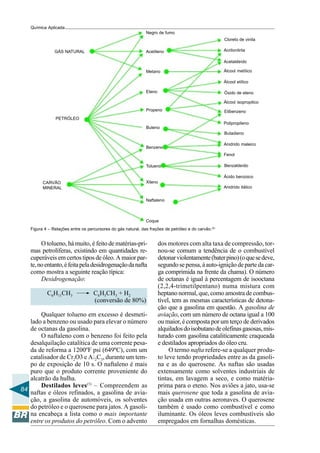 84
Química Aplicada
Figura 4 – Relações entre os percursores do gás natural, das frações de petróleo e do carvão.(5)
GÁS NATURAL
PETRÓLEO
CARVÃO
MINERAL
Buteno
Negro de fumo
Acetaldeído
Acrilonitrila
Cloreto de vinila
Benzeno
Xileno
Naftaleno
Coque
Propeno
Eteno
Metano
Acetileno
Anidrido itálico
Ácido benzoico
Benzaldeído
Fenol
Anidrido maleico
Butadieno
Polipropileno
Álcool isopropilico
Etibenzeno
Álcool metílico
Álcool etílico
Óxido de eteno
Tolueno
O tolueno, há muito, é feito de matérias-pri-
mas petrolíferas, existindo em quantidades re-
cuperáveis em certos tipos de óleo. A maior par-
te,noentanto,éfeitapeladesidrogenaçãodanafta
como mostra a seguinte reação típica:
Desidrogenação:
C6H11CH3 C6H5CH3 + H2
(conversão de 80%)
Qualquer tolueno em excesso é desmeti-
lado a benzeno ou usado para elevar o número
de octanas da gasolina.
O naftaleno com o benzeno foi feito pela
desalquilação catalítica de uma corrente pesa-
da de reforma a 1200ºF psi (649ºC), com um
catalisador de Cr2O3 e Al2C3, durante um tem-
po de exposição de 10 s. O naftaleno é mais
puro que o produto corrente proveniente do
alcatrão da hulha.
Destilados leves(5)
– Compreendem as
naftas e óleos refinados, a gasolina de avia-
ção, a gasolina de automóveis, os solventes
do petróleo e o querosene para jatos. A gasoli-
na encabeça a lista como o mais importante
entre os produtos do petróleo. Com o advento
dos motores com alta taxa de compressão, tor-
nou-se comum a tendência de o combustível
detonarviolentamente(baterpino)(oquesedeve,
segundosepensa,àauto-igniçãodepartedacar-
ga comprimida na frente da chama). O número
de octanas é igual à percentagem de isooctana
(2,2,4-trimetilpentano) numa mistura com
heptano normal, que, como amostra de combus-
tível, tem as mesmas características de detona-
ção que a gasolina em questão. A gasolina de
aviação, com um número de octana igual a 100
ou maior, é composta por um terço de derivados
alquiladosdoisobutanodeolefinasgasosas,mis-
turado com gasolina cataliticamente craqueada
e destilados apropriados do óleo cru.
O termo nafta refere-se a qualquer produ-
to leve tendo propriedades entre as da gasoli-
na e as do querosene. As naftas são usadas
extensamente como solventes industriais de
tintas, em lavagem a seco, e como matéria-
prima para o eteno. Nos aviões a jato, usa-se
mais querosene que toda a gasolina de avia-
ção usada em outras aeronaves. O querosene
também é usado como combustível e como
iluminante. Os óleos leves combustíveis são
empregados em fornalhas domésticas.
 