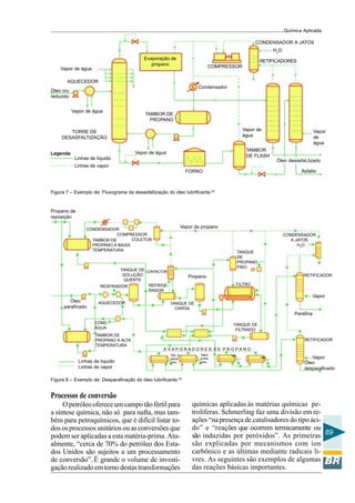 Química Aplicada
89
Figura 7 – Exemplo de: Fluxograma da desasfaltização do óleo lubrificante.(5)
Legenda
Linhas de líquido
Linhas de vapor
Vapor de água
AQUECEDOR
Vapor
de
água
RETIFICADORES
H2
O
CONDENSADOR A JATOS
COMPRESSOR
FORNO
Vapor de água
TORRE DE
DESASFALTIZAÇÃO
Vapor de água
Óleo cru
reduzido
Evaporação de
propano
TAMBOR DE
PROPANO
TAMBOR
DE FLASH
Vapor de
água
Condensador
Asfalto
Óleo desasfaLtizado
Linhas de líquido
Linhas de vapor
COND.
ÁGUA
Figura 8 – Exemplo de: Desparafinação do óleo lubrificante.(5)
TAMBOR DE
PROPANO A ALTA
TEMPERATURA
Óleo
parafinado
AQUECEDOR
RESFRIADOR
TANQUE DE
SOLUÇÃO
QUENTE
CONTACTOR
REFRIGE-
RADOR
TANQUE DE
CARGA
Vap. a
baixa
pres.
Vapor
a alta
pres.
E V A P O R A D O R E S D E P R O P A N O
TANQUE DE
FILTRADO
FILTRO
Propano
Vap.
CONDENSADOR
COMPRESSOR
COLETORTAMBOR DE
PROPANO A BAIXA
TEMPERATURA
Vapor de propano
TANQUE
DE
PROPANO
FRIO
Propano de
reposição
CONDENSADOR
A JATOS
H2
O
RETIFICADOR
RETIFICADOR
Parafina
Vapor
Óleo
desparafinado
Vapor
Vap.
Processos de conversão
O petróleo oferece um campo tão fértil para
a síntese química, não só para nafta, mas tam-
bém para petroquímicos, que é difícil listar to-
dos os processos unitários ou as conversões que
podem ser aplicadas a esta matéria-prima. Atu-
almente, “cerca de 70% do petróleo dos Esta-
dos Unidos são sujeitos a um processamento
de conversão”. É grande o volume de investi-
gação realizado em torno destas transformações
químicas aplicadas às matérias químicas pe-
trolíferas. Schmerling faz uma divisão em re-
ações “napresença de catalisadores do tipo áci-
do” e “reações que ocorrem termicamente ou
são induzidas por peróxidos”. As primeiras
são explicadas por mecanismos com íon
carbônico e as últimas mediante radicais li-
vres. As seguintes são exemplos de algumas
das reações básicas importantes.
 