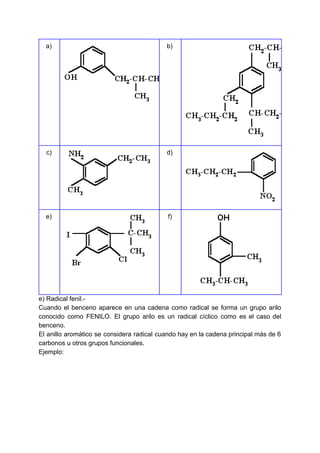 a) b)
c) d)
e) f)
e) Radical fenil.-
Cuando el benceno aparece en una cadena como radical se forma un grupo arilo
conocido como FENILO. El grupo arilo es un radical cíclico como es el caso del
benceno.
El anillo aromático se considera radical cuando hay en la cadena principal más de 6
carbonos u otros grupos funcionales.
Ejemplo:
 
