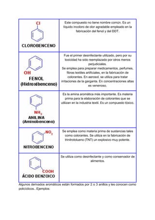 Este compuesto no tiene nombre común. Es un
líquido incoloro de olor agradable empleado en la
fabricación del fenol y del DDT.
Fue el primer desinfectante utilizado, pero por su
toxicidad ha sido reemplazado por otros menos
perjudiciales.
Se emplea para preparar medicamentos, perfumes,
fibras textiles artificiales, en la fabricación de
colorantes. En aerosol, se utiliza para tratar
irritaciones de la garganta. En concentraciones altas
es venenoso.
Es la amina aromática más importante. Es materia
prima para la elaboración de colorantes que se
utilizan en la industria textil. Es un compuesto tóxico.
Se emplea como materia prima de sustancias tales
como colorantes. Se utiliza en la fabricación de
trinitrotolueno (TNT) un explosivo muy potente.
Se utiliza como desinfectante y como conservador de
alimentos.
Algunos derivados aromáticos están formados por 2 o 3 anillos y les conocen como
policíclicos.. Ejemplos:
 
