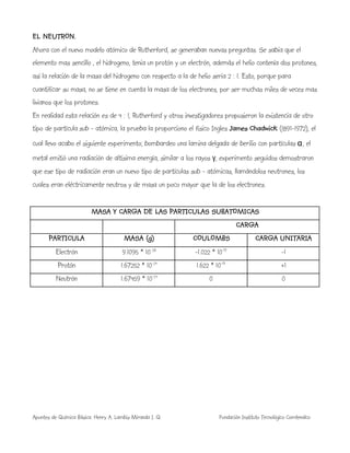 Apuntes de Química Básica. Henry A. Lambis Miranda I. Q. Fundación Instituto Tecnológico Comfenalco
EL NEUTRON.
Ahora con el nuevo modelo atómico de Rutherford, se generaban nuevas preguntas. Se sabia que el
elemento mas sencillo , el hidrogeno, tenia un protón y un electrón, además el helio contenía dos protones,
así la relación de la masa del hidrogeno con respecto a la de helio seria 2 : 1. Esto, porque para
cuantificar su masa, no se tiene en cuenta la masa de los electrones, por ser muchas miles de veces mas
livianos que los protones.
En realidad esta relación es de 4 : 1, Rutherford y otros investigadores propusieron la existencia de otro
tipo de partícula sub - atómica, la prueba la proporciono el físico Ingles James Chadwick (1891-1972), el
cual llevo acabo el siguiente experimento; bombardeo una lamina delgada de berilio con partículas α, el
metal emitió una radiación de altísima energía, similar a los rayos γ, experimento seguidos demostraron
que ese tipo de radiación eran un nuevo tipo de partículas sub - atómicas, llamándolos neutrones, los
cuales eran eléctricamente neutros y de masa un poco mayor que la de los electrones.
MASA Y CARGA DE LAS PARTICULAS SUBATOMICAS
CARGA
PARTICULA MASA (g) COULOMBS CARGA UNITARIA
Electrón 9.1095 * 10-28
-1.022 * 10-19
-1
Protón 1.67252 * 10-24
1.622 * 10-19
+1
Neutrón 1.67459 * 10-24
0 0
 