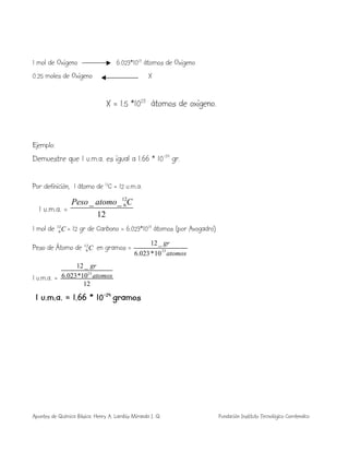 Apuntes de Química Básica. Henry A. Lambis Miranda I. Q. Fundación Instituto Tecnológico Comfenalco
1 mol de Oxigeno 6.023*1023
átomos de Oxigeno
0.25 moles de Oxigeno X
X = 1.5 *1023
átomos de oxigeno.
Ejemplo:
Demuestre que 1 u.m.a. es igual a 1.66 * 10-24
gr.
Por definición, 1 átomo de 12
C = 12 u.m.a.
1 u.m.a. =
12
__ 12
6CatomoPeso
1 mol de C12
6 = 12 gr de Carbono = 6.023*1023
átomos (por Avogadro)
Peso de Átomo de C12
6 en gramos =
atomos
gr
23
10*023.6
_12
1 u.m.a. =
12
10*023.6
_12
23
atomos
gr
1 u.m.a. = 1.66 * 10-24
gramos.
 