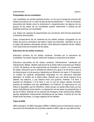 ACIDOS NUCLEICOS                                                          Capitulo II

Propiedades de los nucleótidos

Los nucleótidos son ácidos bastante fuertes, en los que la ionización primaria del
fosfato se produce con un valor de pKa de aproximadamente 1. Tanto la ionización
secundaria del fosfato como la protonacion o desprotonacion de algunos de los
grupos de las bases de los nucleótidos pueden observarse a valores de pH
bastante próximos a la neutralidad.

Las bases son capaces de experimentar una conversión entre formas tautomeras
o isómeros estructurales.

Como consecuencia de los sistemas de los dobles enlaces conjugados de los
anillos de purina y pirimidina, las bases y todos sus derivados absorben la luz en
la región del espectro ultravioleta cercano. Esta absorción depende del pH, debido
a las reacciones de ionización de las bases.

Estructura de los ácidos nucleicos

Estructura primaria de los ácidos nucleicos: formada por la secuencia de
nucleótidos. No existe ninguna restricción respecto a la secuencia de bases.

Estructura secundaria de los ácidos nucleicos: tridimensional, mantenida por
interacciones débiles. Modelo estructural de la doble hélice propuesto por Watson
y Crick. Se basaron en las experiencias de Chargaff en cuanto a la composición
de bases. Descubrió que la cantidad de adenina era igual a la de timina y que la
de citosina igual a la de guanina, basándose en difracción de rayos X. Propusieron
un modelo de cadenas antiparalelas ordenadas en una estructura helicoidal
dextrógira, el modelo de la doble hélice. Resultó que una timina siempre tenía
delante una adenina, y una citosina tenía una guanina. Además T-A tiene 2
puentes de hidrógeno y C-G tiene 3, por lo que las bases estarán formando
puentes de hidrógeno que dan estabilidad a la molécula. Al organizarse en una
hélice el esqueleto, que es hidrofílico, medio acuoso se queda hacia fuera con las
bases (hidrofóbicas) hacia dentro. La disposición de las bases es perpendicular al
eje de la hélice. Además de los puentes de hidrógeno otras interacciones débiles
aportan estabilidad: Interacciones hidrofóbicas de las bases, Fuerzas de Van der
Waals entre las bases, La carga negativa de los fosfatos.

Tipos de RNA

ARN mensajero. El ARN mensajero (ARNm o RNAm) lleva la información sobre la
secuencia de aminoácidos de la proteína desde el ADN, lugar en que está inscrita,

                                        12
 