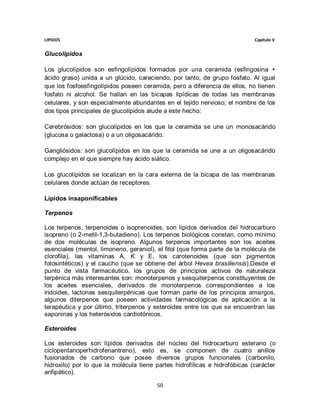 LIPIDOS                                                                     Capitulo V


Glucolípidos

Los glucolípidos son esfingolípidos formados por una ceramida (esfingosina +
ácido graso) unida a un glúcido, careciendo, por tanto, de grupo fosfato. Al igual
que los fosfoesfingolípidos poseen ceramida, pero a diferencia de ellos, no tienen
fosfato ni alcohol. Se hallan en las bicapas lipídicas de todas las membranas
celulares, y son especialmente abundantes en el tejido nervioso; el nombre de los
dos tipos principales de glucolípidos alude a este hecho:

Cerebrósidos: son glucolípidos en los que la ceramida se une un monosacárido
(glucosa o galactosa) o a un oligosacárido.

Gangliósidos: son glucolípidos en los que la ceramida se une a un oligosacárido
complejo en el que siempre hay ácido siálico.

Los glucolípidos se localizan en la cara externa de la bicapa de las membranas
celulares donde actúan de receptores.

Lípidos insaponificables

Terpenos

Los terpenos, terpenoides o isoprenoides, son lípidos derivados del hidrocarburo
isopreno (o 2-metil-1,3-butadieno). Los terpenos biológicos constan, como mínimo
de dos moléculas de isopreno. Algunos terpenos importantes son los aceites
esenciales (mentol, limoneno, geraniol), el fitol (que forma parte de la molécula de
clorofila), las vitaminas A, K y E, los carotenoides (que son pigmentos
fotosintéticos) y el caucho (que se obtiene del árbol Hevea brasiliensis).Desde el
punto de vista farmacéutico, los grupos de principios activos de naturaleza
terpénica más interesantes son: monoterpenos y sesquiterpenos constituyentes de
los aceites esenciales, derivados de monoterpenos correspondientes a los
iridoides, lactonas sesquiterpénicas que forman parte de los principios amargos,
algunos diterpenos que poseen actividades farmacológicas de aplicación a la
terapéutica y por último, triterpenos y esteroides entre los que se encuentran las
saponinas y los heterósidos cardiotónicos.

Esteroides

Los esteroides son lípidos derivados del núcleo del hidrocarburo esterano (o
ciclopentanoperhidrofenantreno), esto es, se componen de cuatro anillos
fusionados de carbono que posee diversos grupos funcionales (carbonilo,
hidroxilo) por lo que la molécula tiene partes hidrofílicas e hidrofóbicas (carácter
anfipático).

                                        50
 