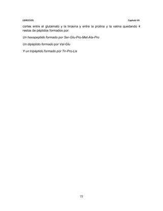 EJERCICIOS                                                              Capítulo VII

cortes entre el glutamato y la tirosina y entre la prolina y la valina quedando 4
restos de péptidos formados por:

Un hexapeptido formado por Ser-Glu-Pro-Met-Ala-Pro

Un dipéptido formado por Val-Glu

Y un tripéptido formado por Tir-Pro-Lis




                                          72
 