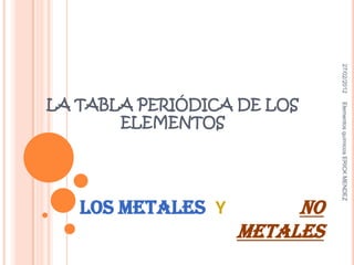27/02/2012
LA TABLA PERIÓDICA DE LOS




                             Elementos químicos ERICK MENDEZ
       ELEMENTOS




   LOS METALES Y        NO
                   METALES
 